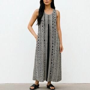 Global Desi Liva Maxi Dress Black White Boho Sleeveless Sustainable Size M